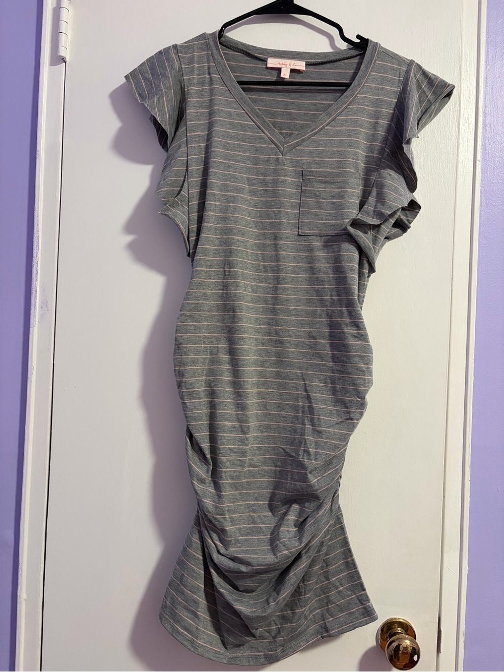 Striped Gray V-Neck Ruffle Sleeve Dress